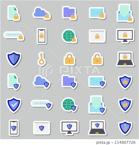 ステッカー風のスマホ、パソコン、クラウドのセキュリティアイコンセット。カラーイラスト。 ステッカー風のスマホ、パソコン、クラウドのセキュリティアイコンセット。カラーイラスト。 114807726
