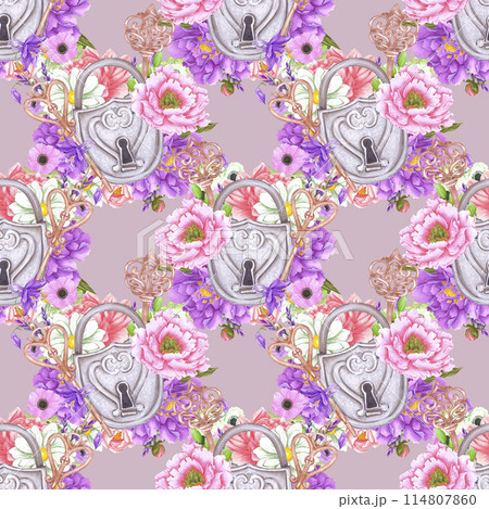Hand drawn watercolor flowers bouquet with vintage lock keys seamless pattern isolated on milky lilac background. Can be used for textile, gift-wrapping and other printed products. 114807860
