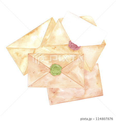 Hand drawn watercolor letters with sealing seal isolated on white background. Can be used for cards, scrapbook and other printed products. 114807876