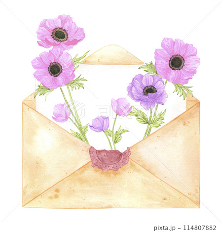 Hand drawn watercolor letter with anemone flowers isolated on white background. Can be used for cards, scrapbook and other printed products. 114807882