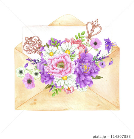 Hand drawn watercolor letter with bouquet of flowers and vintage keys isolated on white background. Can be used for cards, scrapbook and other printed products. Hand drawn watercolor letter with bouquet of flowers and vintage keys isolated on white background. Can be used for cards, scrapbook and other printed products. 114807888