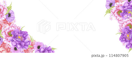 Hand drawn watercolor flowers bouquet banner frame border isolated on white background. Can be used for banner, label and other printed products. Hand drawn watercolor flowers bouquet banner frame border isolated on white background. Can be used for banner, label and other printed products. 114807905