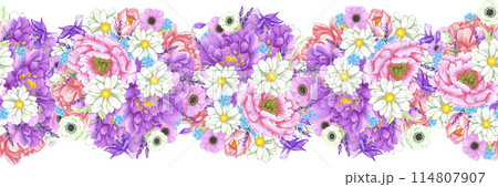 Hand drawn watercolor flowers seamless border isolated on white background. Can be used for gift wrapping, label and other printed products. Hand drawn watercolor flowers seamless border isolated on white background. Can be used for gift wrapping, label and other printed products. 114807907