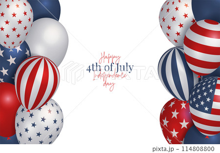 Minimalistic greeting card of 4th July, independence day of USA with borders of colorful 3d helium balloons. Realistic frame with three dimensional elements. Vector illustration. Minimalistic greeting card of 4th July, independence day of USA with borders of colorful 3d helium balloons. Realistic frame with three dimensional elements. Vector illustration. 114808800
