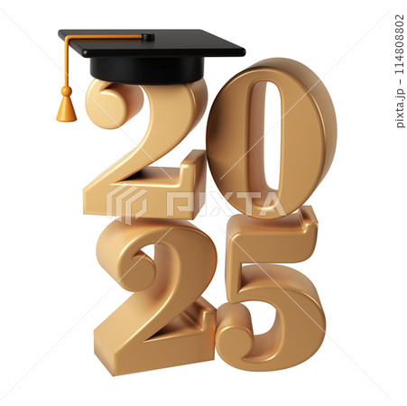 Class of 2025 3d icon. Congratulation graduates design template with black cap and numbers. Gold graduation typography illustration for ceremony, party, greeting card, invitation 114808802