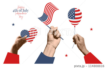 Halftone collage Hands Holding America National Flag, balloon, heart To Celebrate USA Independence Day at 4th July. Happy USA Independence Day card template for banner, poster. Vector illustration. 114808816