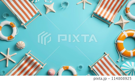 High key summer beach scene with striped deck chairs, life buoys, and starfish on a blue background High key summer beach scene with striped deck chairs, life buoys, and starfish on a blue background 114808925