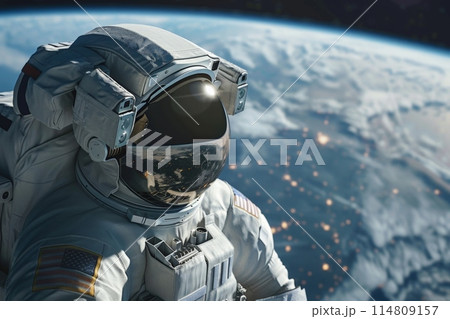 Astronaut in space with helmet floating in front of the Earth Astronaut in space with helmet floating in front of the Earth 114809157