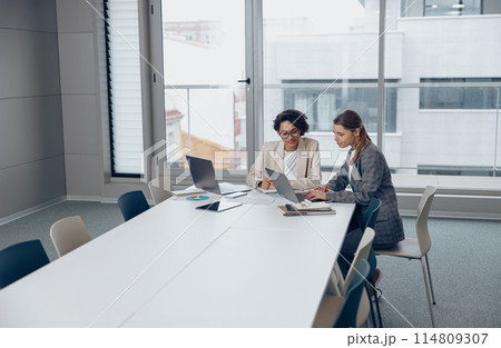 Two focused female coworkers working on project together and use laptop sitting in office Two focused female coworkers working on project together and use laptop sitting in office 114809307