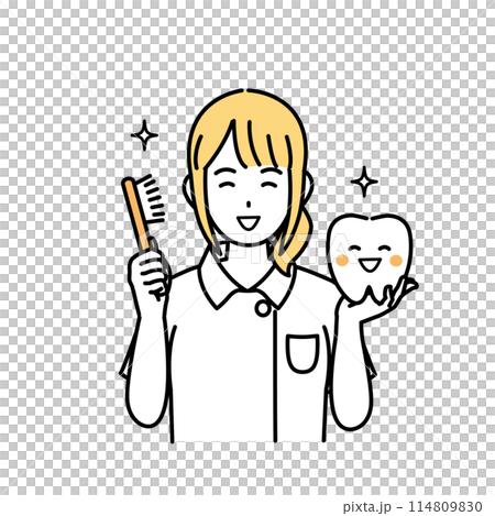 Illustration of a dentist and female dental hygienist recommending tooth brushing Illustration of a dentist and female dental hygienist recommending tooth brushing 114809830