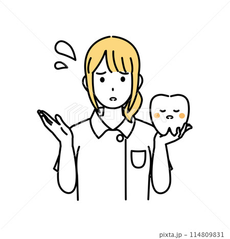 歯のトラブルについて注意する歯医者、歯科衛生士の女性のイラスト 歯のトラブルについて注意する歯医者、歯科衛生士の女性のイラスト 114809831