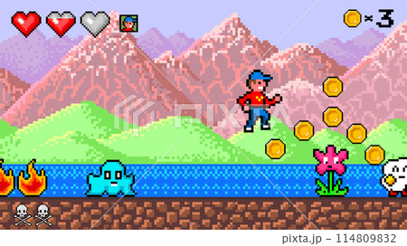 Pixel mountains. The game character collects coins. Passing levels and number of lives. art 8 bit 114809832