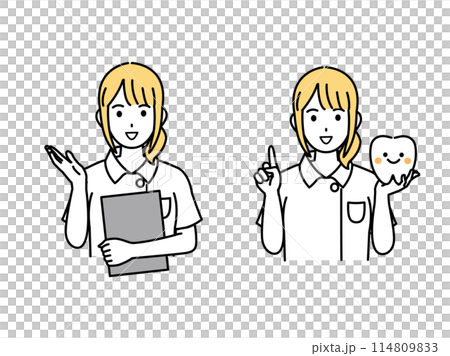 女牙醫和牙齒保健員解釋牙齒的插圖 114809833