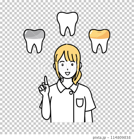 女牙醫和牙科保健員解釋填充物和嵌體的插圖 114809838