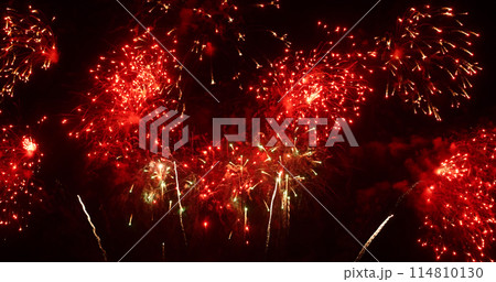 Red Firework celebrate anniversary happy new year 2024, 4th of july holiday festival. red firework in night time celebrate national holiday. Countdown to new year 2024 festival party time event 114810130