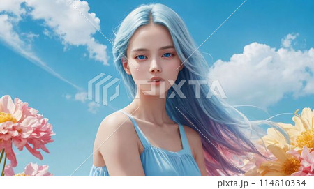 スカイブルーをテーマにした若い女性/Young woman with sky blue  theme 114810334