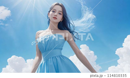 スカイブルーをテーマにした若い女性/Young woman with sky blue  theme 114810335