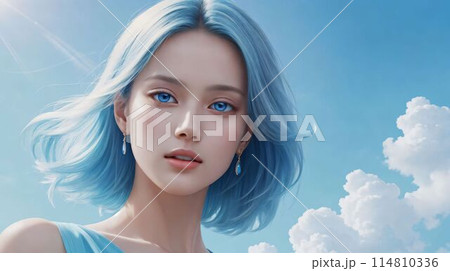 スカイブルーをテーマにした若い女性/Young woman with sky blue  theme 114810336