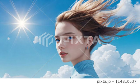 スカイブルーをテーマにした若い女性/Young woman with sky blue  theme 114810337