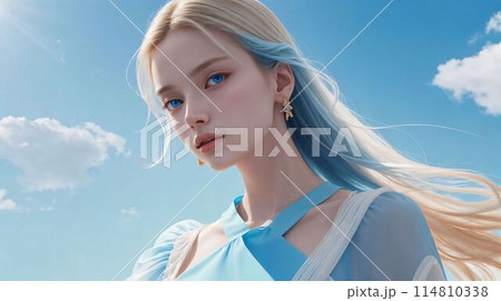 スカイブルーをテーマにした若い女性/Young woman with sky blue  theme 114810338