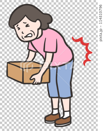 中年婦女背著沉重的行李感到腰痛 中年婦女背著沉重的行李感到腰痛 114810796
