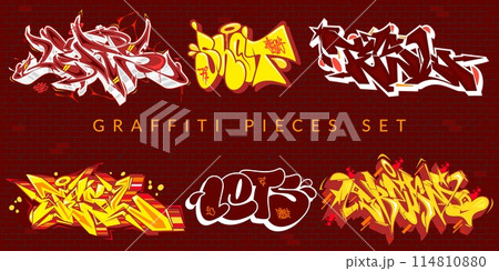 Cool Trendy Abstract Colorful Urban Graffiti Pieces Or Street Art Lettering Vector Illustration Set 114810880