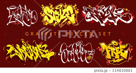 Abstract Colorful Urban Graffiti Pieces Or Street Art Lettering Vector Illustration Set 114810881