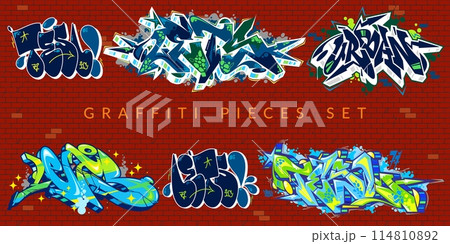 Abstract Colorful Urban Graffiti Pieces Or Street Art Lettering Vector Illustration Set 114810892