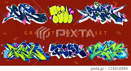 Trendy Abstract Colorful Urban Graffiti Pieces Or Street Art Lettering Vector Illustration Set 114810894