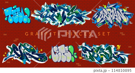 Cool Trendy Abstract Colorful Urban Graffiti Pieces Or Street Art Lettering Vector Illustration Set 114810895