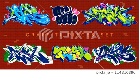 Abstract Colorful Urban Graffiti Pieces Or Street Art Lettering Vector Illustration Set 114810896