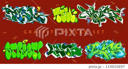Trendy Abstract Colorful Urban Graffiti Pieces Or Street Art Lettering Vector Illustration Set 114810897