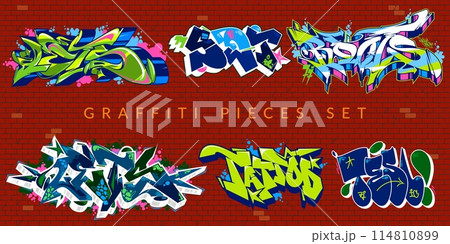 Trendy Abstract Colorful Urban Graffiti Pieces Or Street Art Lettering Vector Illustration Set 114810899