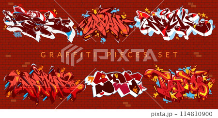 Abstract Colorful Urban Graffiti Pieces Or Street Art Lettering Vector Illustration Set 114810900