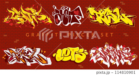 Cool Trendy Abstract Colorful Urban Graffiti Pieces Or Street Art Lettering Vector Illustration Set Cool Trendy Abstract Colorful Urban Graffiti Pieces Or Street Art Lettering Vector Illustration Set 114810901