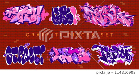 Trendy Abstract Colorful Urban Graffiti Pieces Or Street Art Lettering Vector Illustration Set 114810908