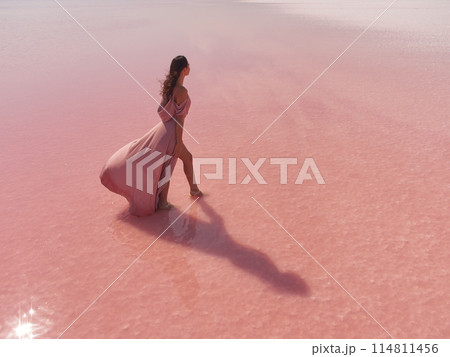 Fashionable Woman in Pink Long Dress in Water on Pink Salt Lake Fashionable Woman in Pink Long Dress in Water on Pink Salt Lake 114811456