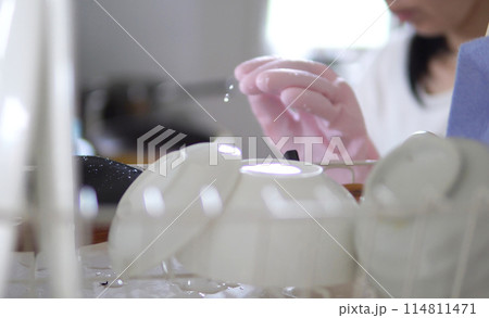皿を洗う女性・食器洗いをする女性の手元・食器を取り出す女性 皿を洗う女性・食器洗いをする女性の手元・食器を取り出す女性 114811471