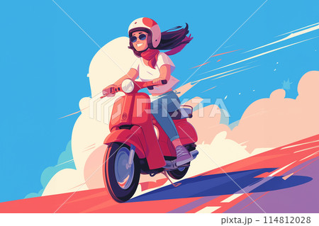 海沿いをバイクで走る女性 114812028