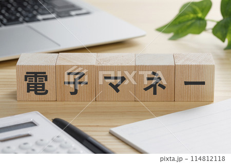電子マネーと書かれた積み木のブロック 電子マネーと書かれた積み木のブロック 114812118