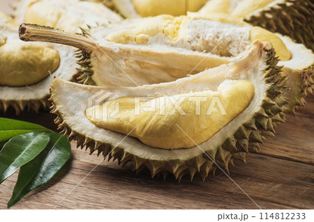 Close-up of delicious yellow peeled durian. Close-up of delicious yellow peeled durian. 114812233