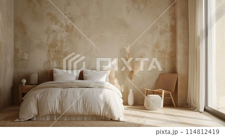 The bedroom has a spacious bed and a big window for natural light 114812419