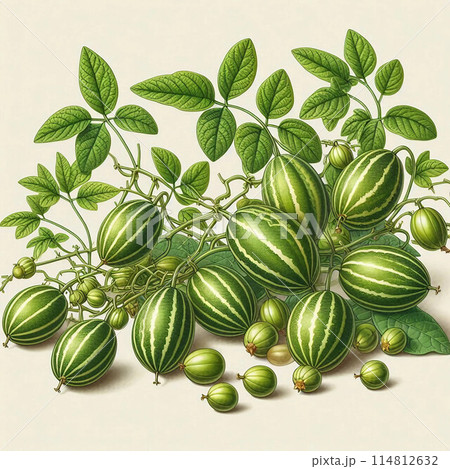 縦じまの実をつけるカラスウリ 114812632