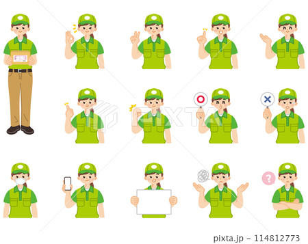 宅配便の女性配達員　表情とジェスチャーのイラスト素材セット 114812773