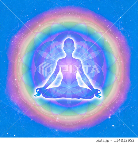 美しく広大なブルーの宇宙とフラワーオブライフと虹を背景にした瞑想のイラスト 美しく広大なブルーの宇宙とフラワーオブライフと虹を背景にした瞑想のイラスト 114812952
