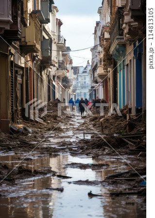Devastating Coastal Flood Engulfs Buildings During Natural Cataclysm at Daybreak 114813105