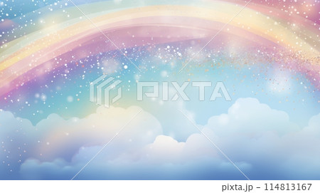 Ethereal Rainbow Arcing Across a Pastel Sky Above Fluffy Clouds at Dusk 114813167