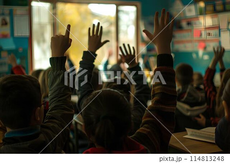 Back view of students raising hands in class to have a chance to ask questions at an elementary school. Close up photo with empty space 114813248