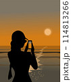 Silhouette of a woman using a mobile phone to take pictures of the sunset by the sea 114813266