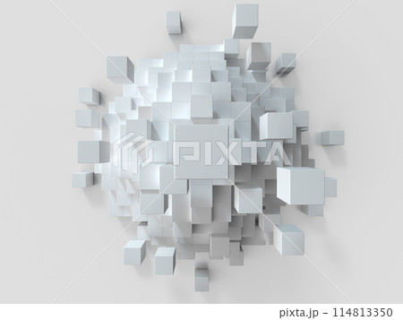 崩壊する白いキューブのピラミッド。積み上げられたキューブの3Dイラスト 114813350